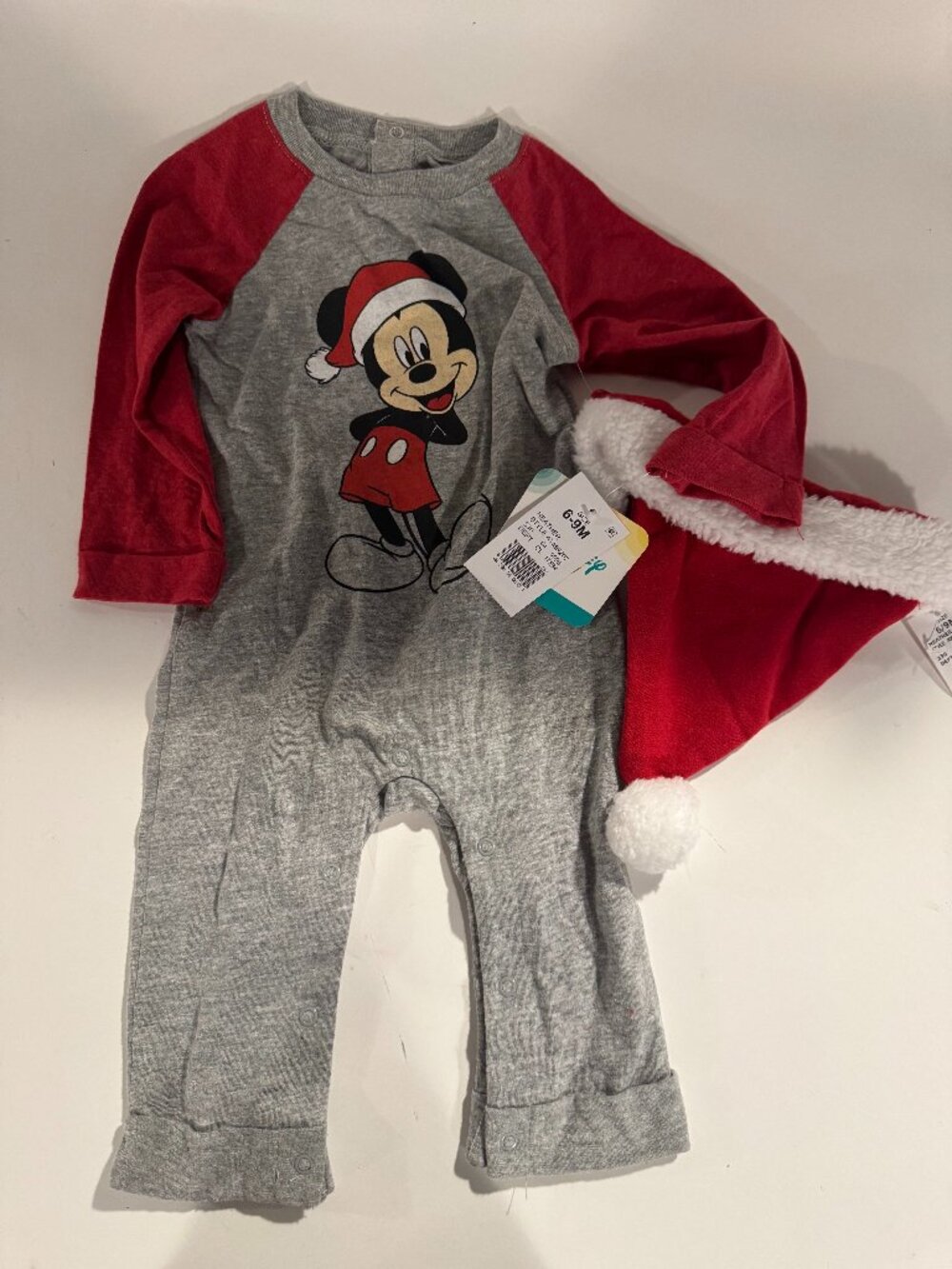 Disney Baby Christmas Holiday Long Sleeve Santa Hat Mickey Mouse Outfit Set 6-9M